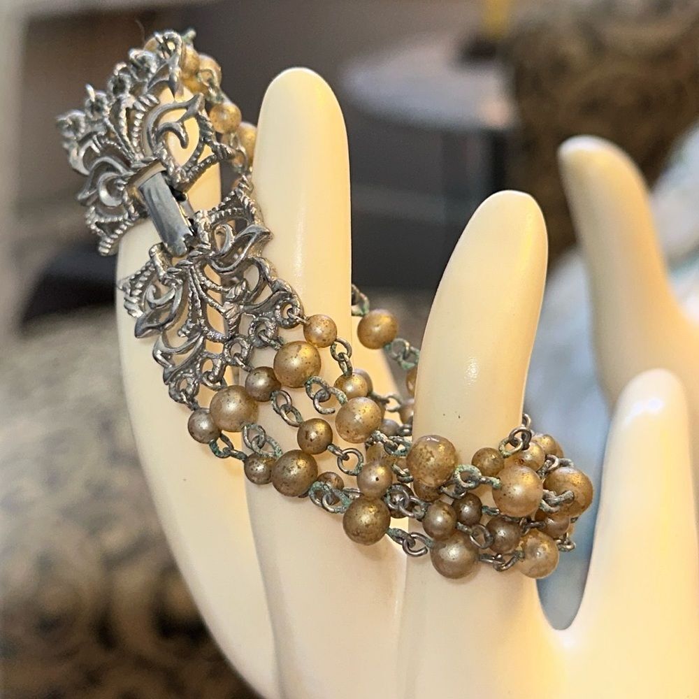 Vintage gold faux pearl & silver‎ tone 5 strand bracelet with filigree clasp